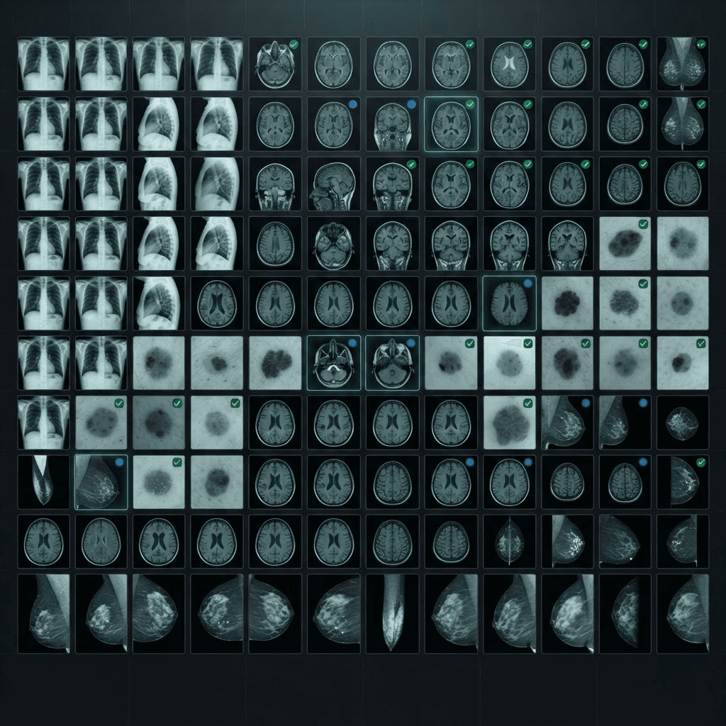 Grid of medical scan thumbnails across multiple imaging modalities